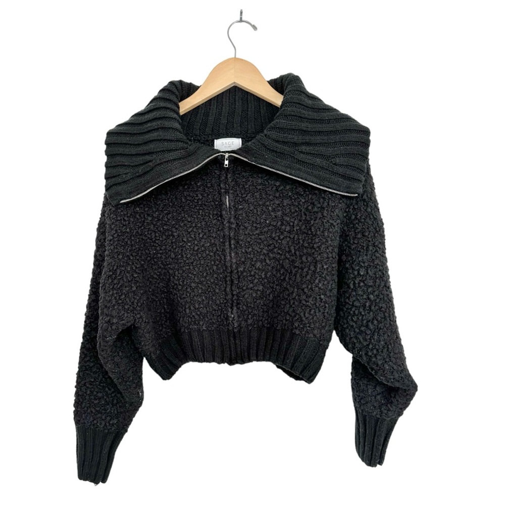 Sage The Label Hillary Black Crop Chunky Zip Up Sweater Cape Collar Size Large - Picture 9 of 16